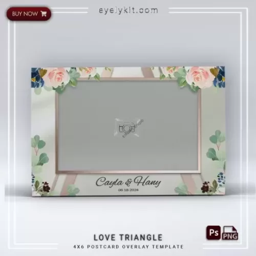 Love Triangle Overlay-This overlay features delicate pink, blue, and burgundy flowers arranged thoughtfully against a soft white background, enhanced with sleek gold geometric lines and frames. Designed to exude grace and charm, this overlay is perfect for weddings, engagement parties, anniversaries, and romantic celebrations.