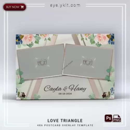 Love Triangle Overlay-This overlay features delicate pink, blue, and burgundy flowers arranged thoughtfully against a soft white background, enhanced with sleek gold geometric lines and frames. Designed to exude grace and charm, this overlay is perfect for weddings, engagement parties, anniversaries, and romantic celebrations.