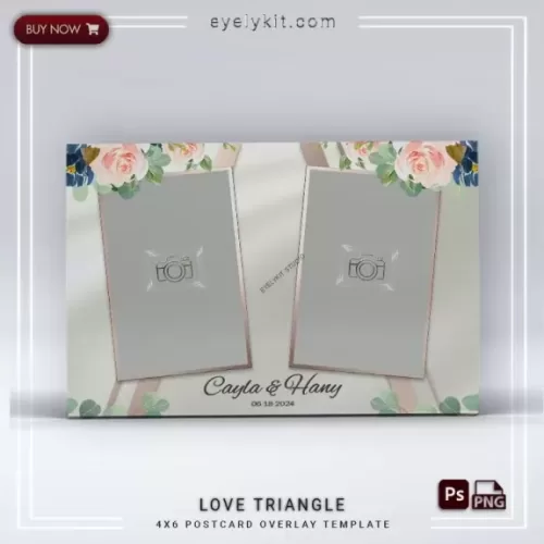 Love Triangle Overlay-This overlay features delicate pink, blue, and burgundy flowers arranged thoughtfully against a soft white background, enhanced with sleek gold geometric lines and frames. Designed to exude grace and charm, this overlay is perfect for weddings, engagement parties, anniversaries, and romantic celebrations.