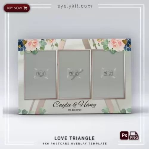 Love Triangle Overlay-This overlay features delicate pink, blue, and burgundy flowers arranged thoughtfully against a soft white background, enhanced with sleek gold geometric lines and frames. Designed to exude grace and charm, this overlay is perfect for weddings, engagement parties, anniversaries, and romantic celebrations.