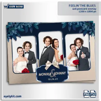 FEELIN' THE BLUE 1 blue eucalyptus photo booth overlay. For chic modern weddings, elegant bridal showers, sophisticated anniversaries, and upscale corporate galas, a refined navy blue and cream aesthetic is an absolute staple. Offering a beautifully designed, uniquely colored botanical digital frame is the perfect way to secure these lucrative, high-end bookings.