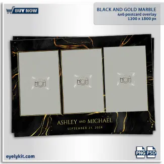 Portrait Photo Templates 17 black and gold marble overlay for photo booths. As a highly versatile and exquisitely designed black and gold marble overlay, this 3-photo landscape layout delivers a polished, dramatic backdrop that instantly upgrades the perceived value of your photo booth experience.