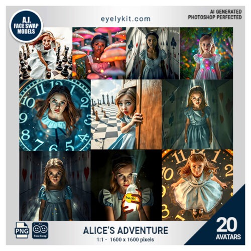 alice in wonderland face swap photos- Adventure Face Swap Bundle! Perfect for photo booths at themed parties, birthdays, and events, this unique collection features a whimsical array of face swap models inspired by the beloved characters from Lewis Carroll’s classic tale. Your guests can dive into the magical realm of Wonderland, swapping their faces onto fun avatars like Alice, the Mad Hatter, the Cheshire Cat, and the Queen of Hearts, making every photo an imaginative keepsake.