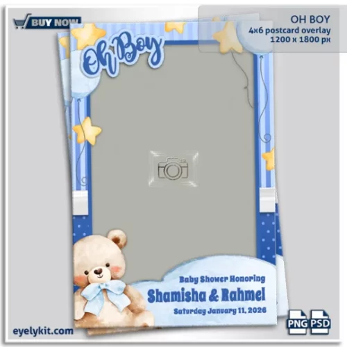 Oh Boy Photo Booth Overlay. Welcome your little one with charm and sweetness using our Oh Boy! Photo Booth Overlay, a baby shower and first-birthday essential featuring a blue half-striped and half-polka dot wallpaper-style background, playful cartoon stars, and a soft teddy bear sitting on a fluffy cloud. Designed for capturing precious memories, this overlay transforms every snapshot into a keepsake that families will treasure for years to come.