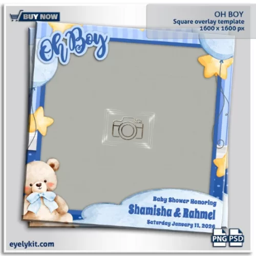 Oh Boy Photo Booth Overlay. Welcome your little one with charm and sweetness using our Oh Boy! Photo Booth Overlay, a baby shower and first-birthday essential featuring a blue half-striped and half-polka dot wallpaper-style background, playful cartoon stars, and a soft teddy bear sitting on a fluffy cloud. Designed for capturing precious memories, this overlay transforms every snapshot into a keepsake that families will treasure for years to come.
