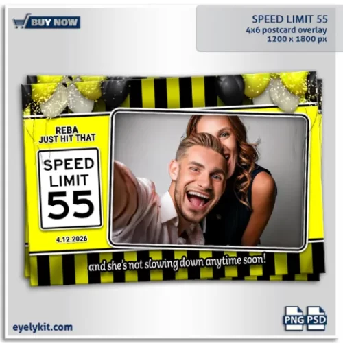 Just Hit 55 Birthday photo booth overlay template frame. Celebrate turning 55 with a fun, stylish, and bold photo booth overlay that makes every picture unforgettable. Featuring a striped black and yellow background, balloon accents, and the iconic speed limit 55 sign, this overlay is designed for parties filled with laughter, joy, and unforgettable memories.