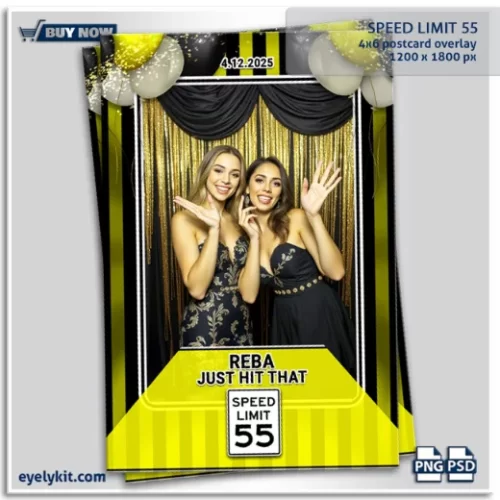 Just Hit 55 Birthday photo booth overlay template frame. Celebrate turning 55 with a fun, stylish, and bold photo booth overlay that makes every picture unforgettable. Featuring a striped black and yellow background, balloon accents, and the iconic speed limit 55 sign, this overlay is designed for parties filled with laughter, joy, and unforgettable memories.