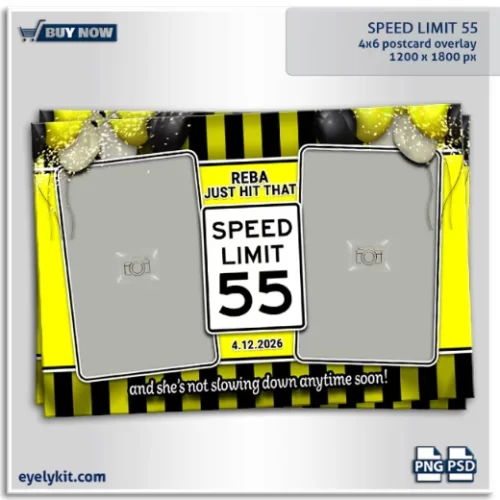 Just Hit 55 Birthday photo booth overlay template frame. Celebrate turning 55 with a fun, stylish, and bold photo booth overlay that makes every picture unforgettable. Featuring a striped black and yellow background, balloon accents, and the iconic speed limit 55 sign, this overlay is designed for parties filled with laughter, joy, and unforgettable memories.