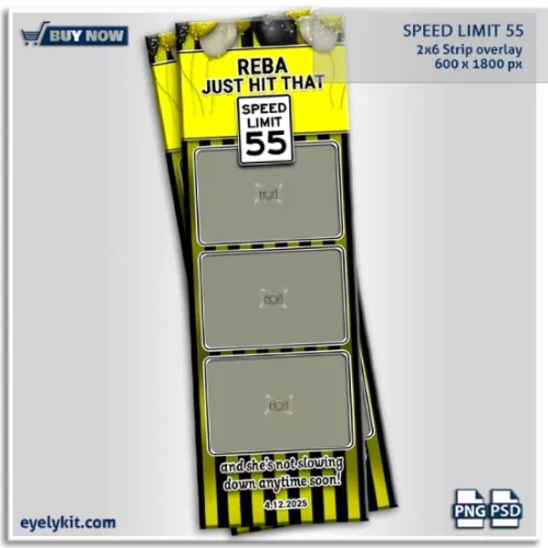 Just Hit 55 Birthday photo booth overlay template frame. Celebrate turning 55 with a fun, stylish, and bold photo booth overlay that makes every picture unforgettable. Featuring a striped black and yellow background, balloon accents, and the iconic speed limit 55 sign, this overlay is designed for parties filled with laughter, joy, and unforgettable memories.