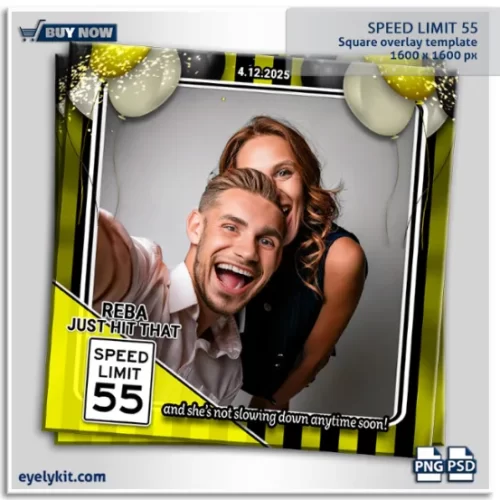 Just Hit 55 Birthday photo booth overlay template frame. Celebrate turning 55 with a fun, stylish, and bold photo booth overlay that makes every picture unforgettable. Featuring a striped black and yellow background, balloon accents, and the iconic speed limit 55 sign, this overlay is designed for parties filled with laughter, joy, and unforgettable memories.