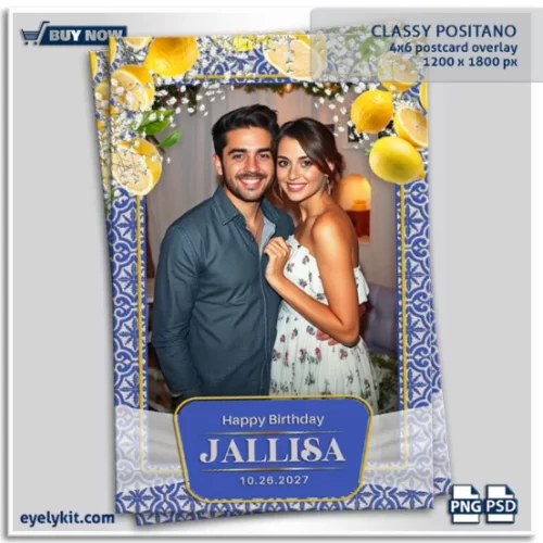 Classy Positano Photo Booth Overlay- The Classy Positano Photo Booth Overlay combines fresh citrus energy with refined Mediterranean elegance, making it the perfect overlay for birthdays, weddings, and summer-themed events. Easy to use, fully customizable, and designed for universal compatibility, this overlay guarantees stunning, high-quality results every time.