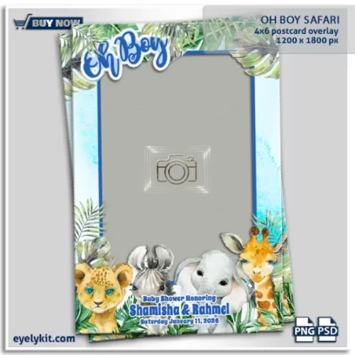 Oh Boy Safari Template. The phrase “Oh Boy” makes this overlay a natural choice for a baby boy shower. The cute safari animals—think lions, elephants, giraffes, and monkeys—add a playful vibe that ties perfectly into jungle or adventure-themed baby showers. It’s also a great option for gender reveal parties, toddler birthdays, or even christenings.