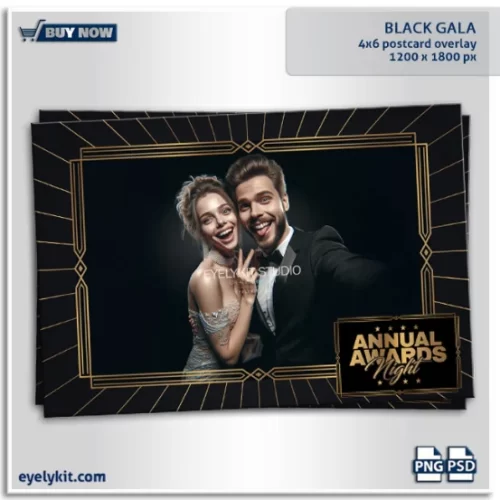 BLACK GALA. Step into a world of timeless sophistication with our Black Gala Photo Booth Overlay, a stunning design that combines gold stripes, a bold black background, and an elegant Gatsby-style gold frame. Perfect for formal events, galas, weddings, corporate parties, and milestone celebrations, this overlay adds a sense of luxury and style to every photo.
