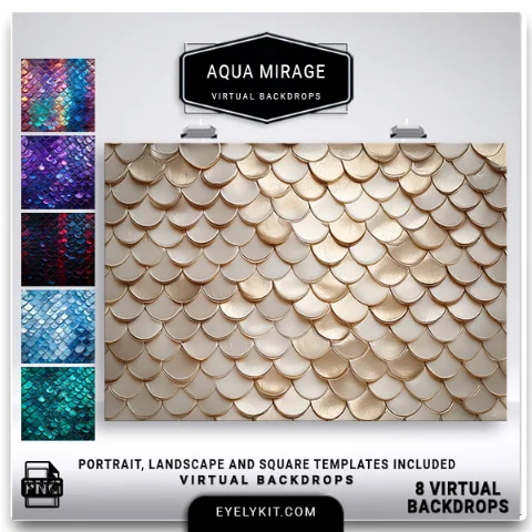 mermaid scale backdrops- Each backdrop showcases luminous scales that reflect light in shades of turquoise, aqua, lavender, pink, gold, and deep ocean blue. The layered textures give the illusion of depth, almost as though guests are standing against a glistening mermaid tail or inside an underwater palace.