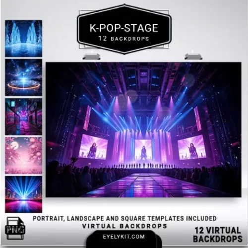 K-Pop Stage Virtual Backdrops- This premium bundle includes 12 high-resolution digital backdrops, each inspired by dazzling stages, neon lights, and dreamy fantasy settings that mirror the energy, artistry, and fan-favorite visuals of Korean pop culture.
