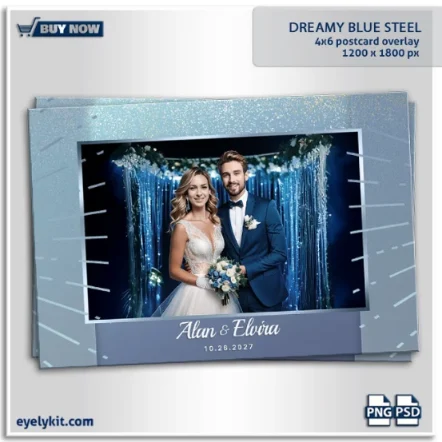 Blue Steel Photo Booth Overlay. The Blue Steel Overlay combines rich steel blue gradients, silver sparkles, and a soft matte finish for a polished, editorial-style effect. This sophisticated overlay is inspired by modern romance, luxury events, and elegant nighttime celebrations. The color palette captures both calm and confidence — balancing serenity with strength.
