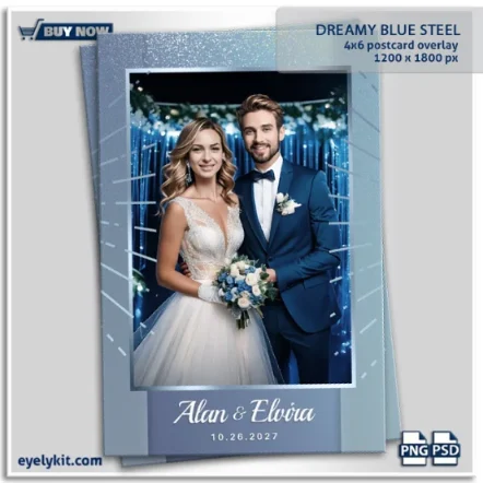 Blue Steel Photo Booth Overlay. The Blue Steel Overlay combines rich steel blue gradients, silver sparkles, and a soft matte finish for a polished, editorial-style effect. This sophisticated overlay is inspired by modern romance, luxury events, and elegant nighttime celebrations. The color palette captures both calm and confidence — balancing serenity with strength.