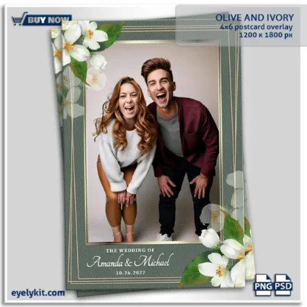 Olive and Ivory Photo Booth Overlay. a beautifully balanced blend of natural green hues and delicate ivory florals. Designed for photo booth owners, photographers, and event professionals, this overlay brings sophistication and romance to every captured moment. Whether for weddings, engagements, bridal showers, or anniversaries, the Olive and Ivory overlay adds the perfect finishing touch to your event photos.