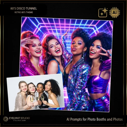 80s Disco Tunnel AI Prompts-Transform ordinary photo sessions into high-energy, neon-infused experiences where every guest feels like a disco superstar. Perfect for weddings, birthday parties, corporate events, and themed celebrations, these AI-generated prompts combine iconic 1980s disco style with modern AI technology, delivering vibrant, shareable images every time.