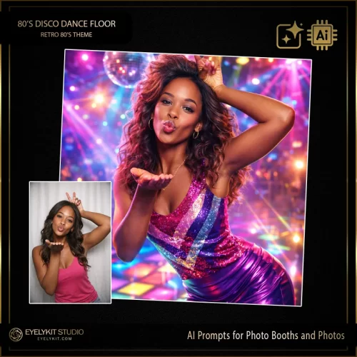 80s Disco Dancefloor AI Prompts- our 80s Disco Dancefloor AI Prompts. Transform your photo booth into a retro party experience where guests shine like disco stars, capturing the energy and style of the iconic 1980s dancefloor.