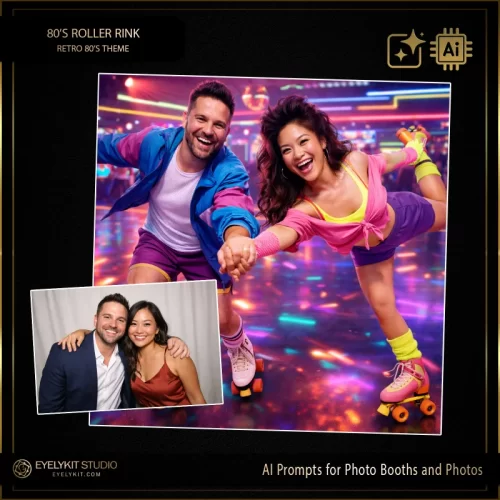 80s Roller Rink AI Prompts- Turn your photo booth into a retro roller skating adventure where guests glide under neon lights, disco balls, and colorful reflections. Perfect for birthday parties, school events, corporate celebrations, and 80s themed weddings, these AI prompts combine vintage skating style with modern AI technology, delivering vibrant, shareable photos every time.