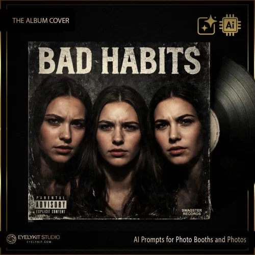 Album Covers AI Prompts – Create Stunning Music-Inspired Photo Booth Images. Album Covers AI Prompts, designed to transform your guests into dynamic, music-inspired icons. Perfect for weddings, birthdays, corporate events, themed parties, and music celebrations, these AI prompts let your guests pose like rock stars, pop icons, or hip-hop legends while keeping their real-life facial identity intact.