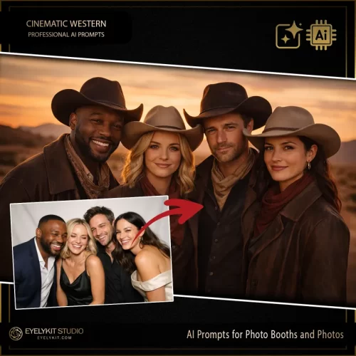 Cimematic Western ai prompts for photo booths and photos. With the massive resurgence of country music, rustic weddings, and high-profile rodeo events (perfect for Stampede season!), this aesthetic is an absolute must-have for your digital inventory.