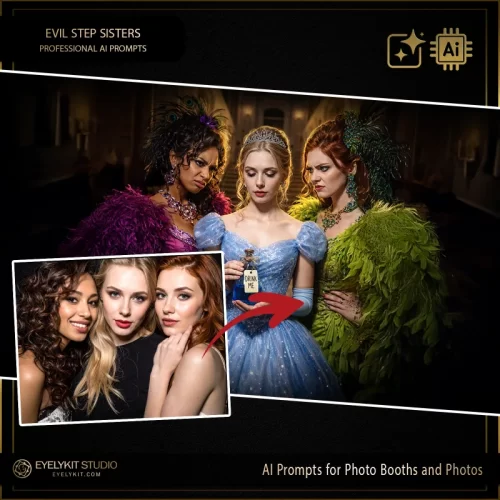 Evil Step Sisters ai prompts- This specialized collection is the ultimate digital asset for photo booth owners who want to offer a "brilliant and stunning" character transformation experience. Inspired by the iconic trio of Cinderella and her two infamous stepsisters, these Evil Step Sisters ai prompts use advanced generative AI to turn your guests into a high-fashion, dark fairytale ensemble.