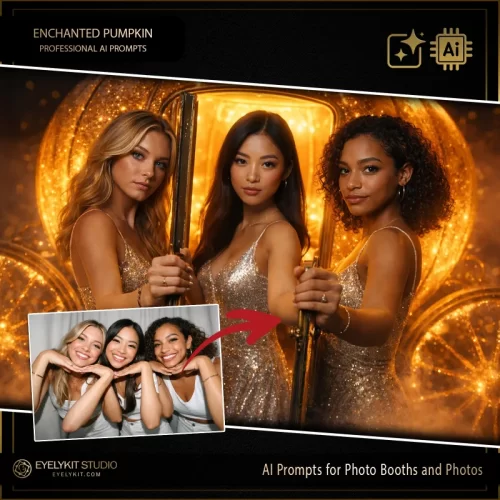 Pumpkin Carriage ai prompts for photo booths and photos. these cinderella ai prompts deliver an unparalleled level of cinematic lighting, glittering textures, and hyper-realistic detail that standard physical props and green screens simply cannot achieve.