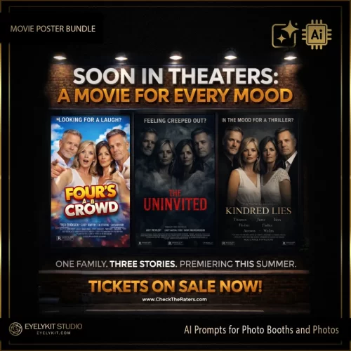 Movie Poster Prompts for photo booths and photos. the ultimate digital asset for photo booth owners who want to offer their guests a true "Hollywood" experience