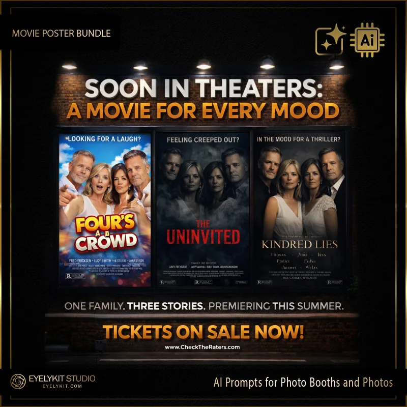 5 Stunning Movie Poster Prompts 1 Movie Poster Prompts for photo booths and photos. the ultimate digital asset for photo booth owners who want to offer their guests a true "Hollywood" experience