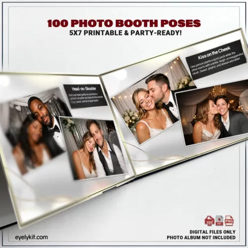 7 fun photo booth poses plus 100 more printable ideas! Perfect for weddings, parties, and viral photo moments. Get your pose guide today!