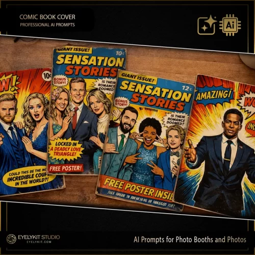 comic book cover prompts- with the Comic Book Cover AI Prompts pack. This collection is the definitive digital asset for photo booth owners looking to offer a high-fidelity "Silver Age" comic experience. Inspired by the legendary cover art of the 1960s