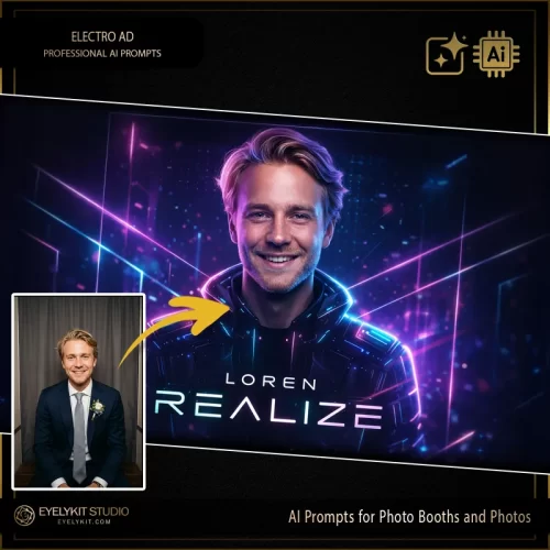 Electro Ad photo booth prompt- Transform human subjects into futuristic electronic music headliners. Apply vibrant neon circuitry patterns, glowing cyan and magenta light-streaks, and a high-energy "brand advertisement" aesthetic. 8k resolution, professional studio lighting, cinematic atmosphere, hyper-realistic skin textures, sharp focus, holographic overlays.