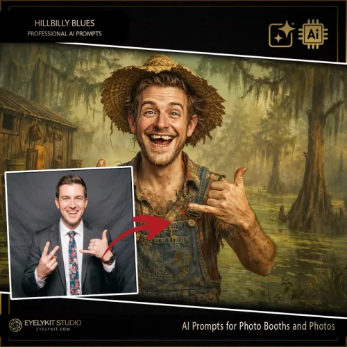 hillbilly ai prompts for photo booths and photos. face-swap-. these hillbilly ai prompts use advanced generative AI to equip your guests with weathered straw hats, distressed denim overalls, and charmingly missing teeth, all while placing them in a atmospheric mossy swamp setting.