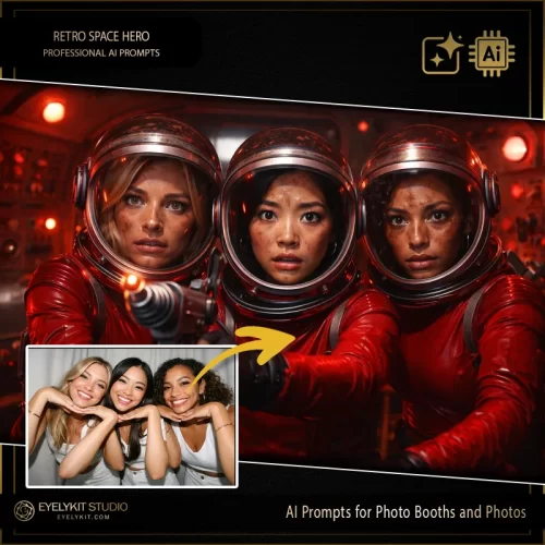 retro sci-fi prompts for photos and photo booth software. these retro sci-fi prompts use advanced generative AI to equip your guests with weathered chrome helmets, vibrant red spacesuits, and place them inside a cinematic cockpit filled with glowing analog controls.
