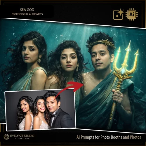 under the sea ai prompts for photo booths and photos. These under the sea ai prompts are a "brilliant and stunning" digital asset collection designed for photo booth owners who want to offer a professional-grade mythical transformation. Specifically engineered for the most advanced generative AI models, this pack transforms standard event captures into hyper-realistic scenes of oceanic royalty.