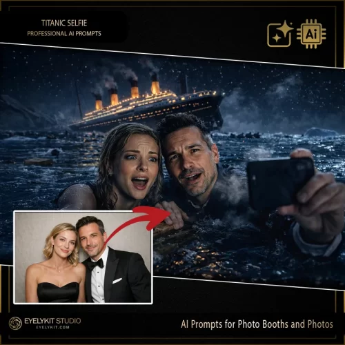 titanic ai prompts for photos and photo booths. This collection is a "brilliant and stunning" digital asset for photo booth owners looking to capitalize on the viral trend of historical cinematic transformations. Engineered to create a hyper-realistic "disaster selfie" aesthetic, these titanic ai prompts for photos use advanced generative AI to place your guests in the middle of the Atlantic