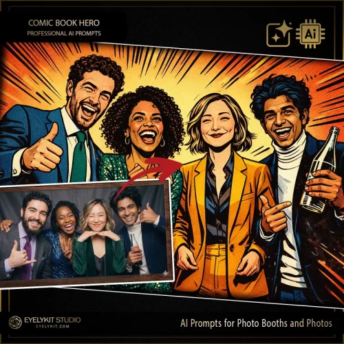 comic book ai prompts focus on heavy ink lines, halftone textures, and that "Silver Age" dynamic burst. ai prompts for photo booths