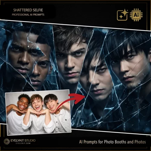 shattered glass ai prompts for photo booths and photos. This effect creates a striking visual of your guests reflected in fragmented, cinematic broken glass.