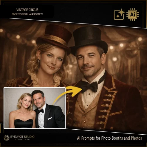 Vintage Circus Prompts: This collection is engineered to transform your guests into Victorian-era ringmasters and performers with the stunning detail of velvet, gold braid, and top hats.