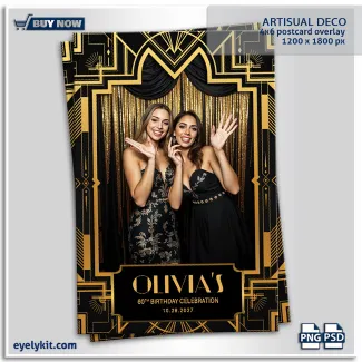 Artisual Deco overlay templates. 1 portrait photo on a portrait 4x6 template. high-contrast gold foil patterns and deep velvet blacks to frame your guests in 1920s sophistication.
