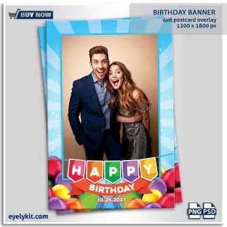happy birthday overlay templates- 4x6 portrait photos on a portrait photo booth template. birthday banner kids style overlay template.
