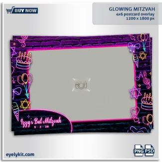 Glowing Mitzvah photo booth overlay- photo booth templates- Designed specifically for high-energy Bat Mitzvahs and glow-themed parties, this $1200 \times 1800$ px postcard template combines a gritty urban aesthetic with vibrant, electric neon elements.