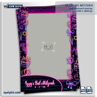 Glowing Mitzvah photo booth overlay- photo booth templates- Designed specifically for high-energy Bat Mitzvahs and glow-themed parties, this $1200 \times 1800$ px postcard template combines a gritty urban aesthetic with vibrant, electric neon elements.