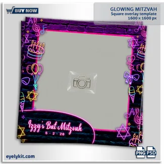 Glowing Mitzvah photo booth overlay- photo booth templates- Designed specifically for high-energy Bat Mitzvahs and glow-themed parties, this $1200 \times 1800$ px postcard template combines a gritty urban aesthetic with vibrant, electric neon elements.