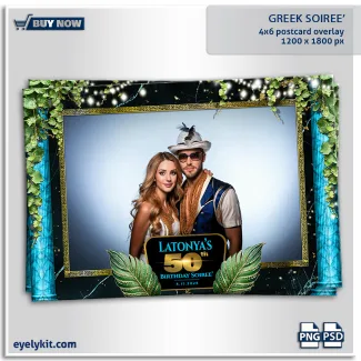 greek soiree photo booth templates- This Greek Soiree template is a stunning departure from standard event graphics, leaning into a "Midnight in Athens" luxury aesthetic. With its deep teal marble columns, gold meander (Greek key) frames, and lush ivy, it’s a perfect fit for high-end milestone birthdays, sorority formals, and Mediterranean-themed gala events.