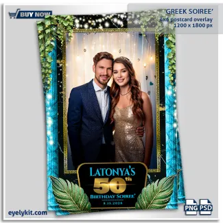 greek soiree photo booth templates- This Greek Soiree template is a stunning departure from standard event graphics, leaning into a "Midnight in Athens" luxury aesthetic. With its deep teal marble columns, gold meander (Greek key) frames, and lush ivy, it’s a perfect fit for high-end milestone birthdays, sorority formals, and Mediterranean-themed gala events.