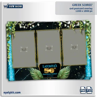 greek soiree photo booth templates- This Greek Soiree template is a stunning departure from standard event graphics, leaning into a "Midnight in Athens" luxury aesthetic. With its deep teal marble columns, gold meander (Greek key) frames, and lush ivy, it’s a perfect fit for high-end milestone birthdays, sorority formals, and Mediterranean-themed gala events.