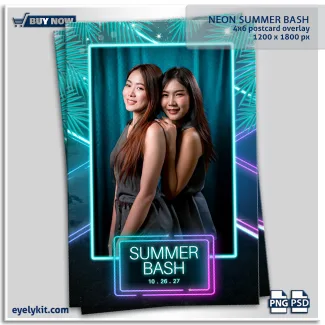 neon summer photo booth templates-Neon Summer photo booth templates featuring vertical tropical cyan palm leaves and magenta neon glow. Portrait 4x6 overlay optimized for 360 photo booths and iPad booth software like Touchpix and LumaBooth.